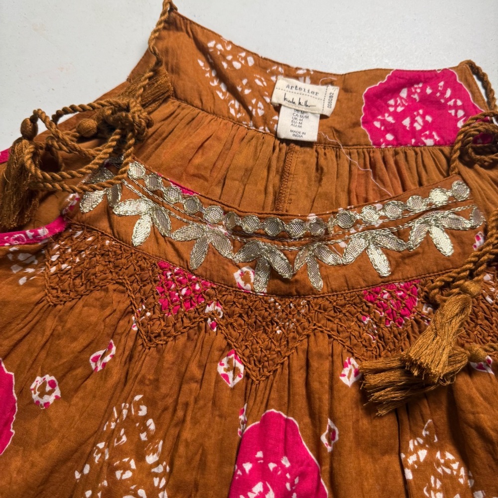 Artelier Nicole Miller Womens Orange Pink Cotton Embroidered Tassel Tank Top M